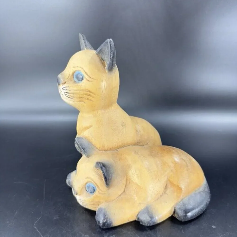 Vintage Hand Carved Wood Kitty Cat‎ Figurine Brown With Blue Eyes Cats Figure